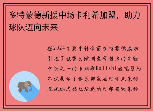多特蒙德新援中场卡利希加盟，助力球队迈向未来