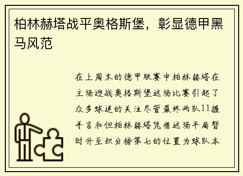 柏林赫塔战平奥格斯堡，彰显德甲黑马风范