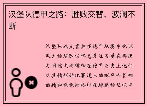 汉堡队德甲之路：胜败交替，波澜不断