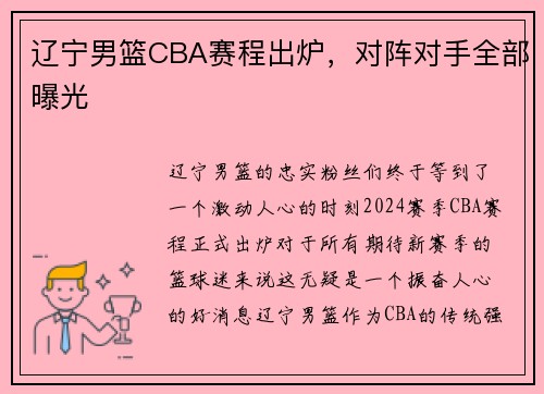 辽宁男篮CBA赛程出炉，对阵对手全部曝光