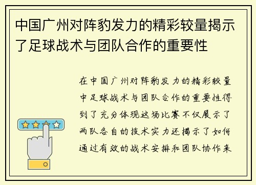 中国广州对阵豹发力的精彩较量揭示了足球战术与团队合作的重要性