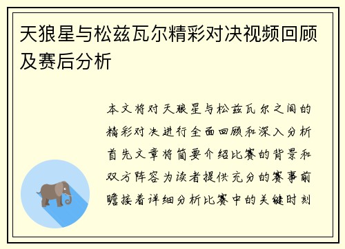 天狼星与松兹瓦尔精彩对决视频回顾及赛后分析